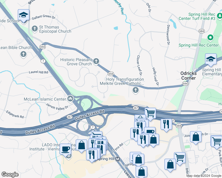 map of restaurants, bars, coffee shops, grocery stores, and more near 1415 Mayhurst Boulevard in McLean
