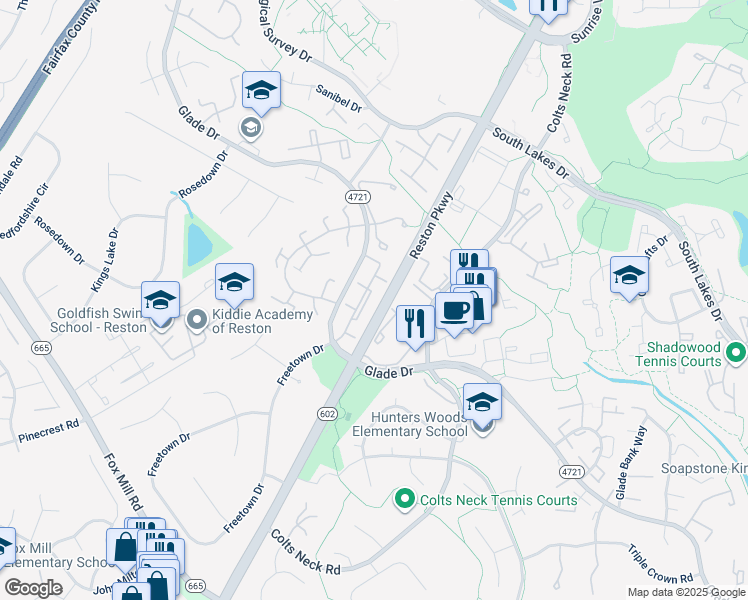map of restaurants, bars, coffee shops, grocery stores, and more near 2321 Freetown Court in Reston