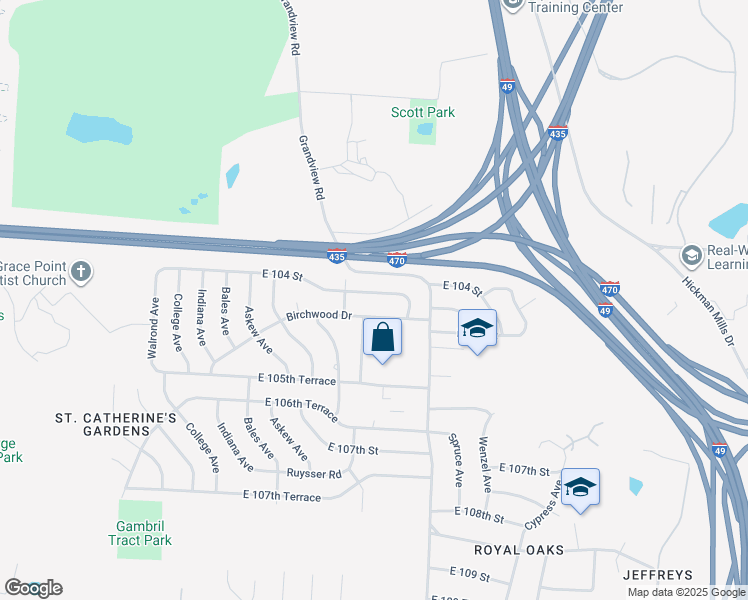 map of restaurants, bars, coffee shops, grocery stores, and more near 3907 East 104 Street in Kansas City