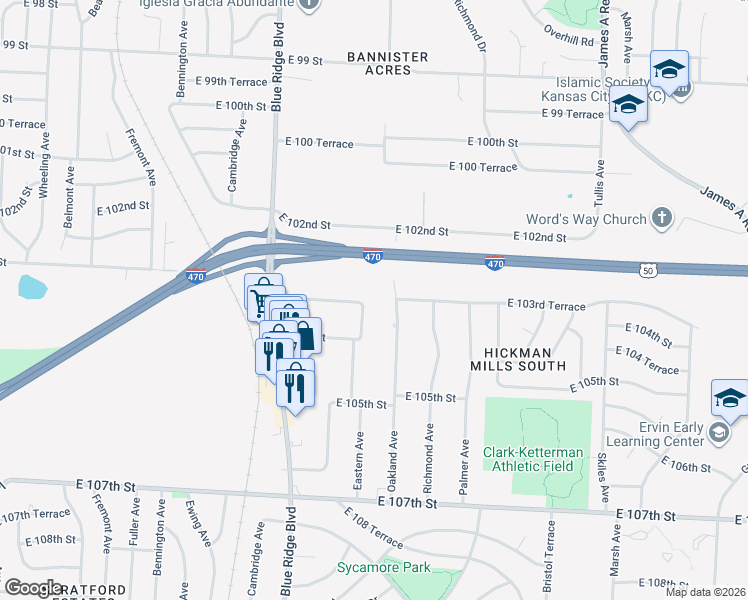 map of restaurants, bars, coffee shops, grocery stores, and more near 10311 Crystal Avenue in Kansas City