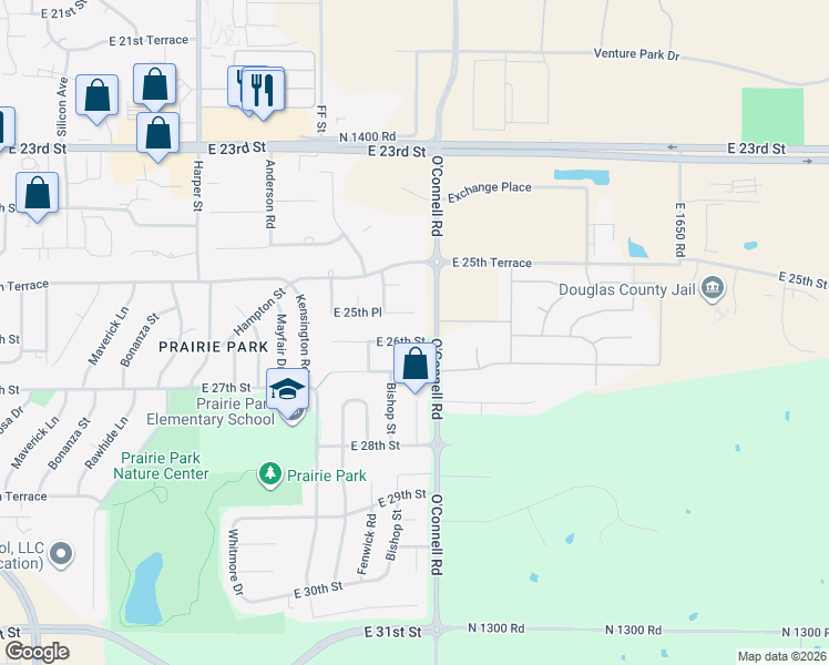 map of restaurants, bars, coffee shops, grocery stores, and more near 2120 East 26th Street in Lawrence