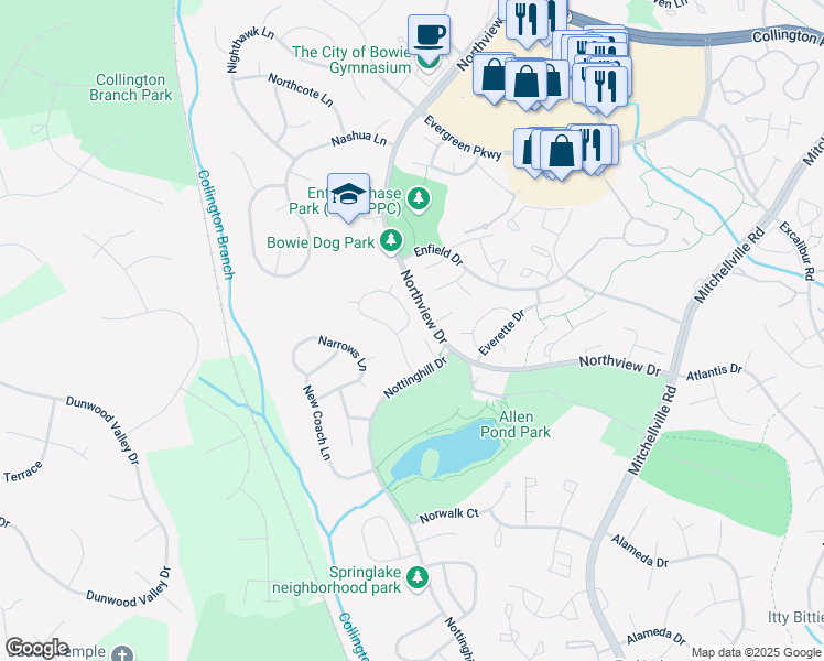 map of restaurants, bars, coffee shops, grocery stores, and more near 3540 Northshire Lane in Bowie