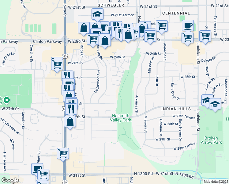 map of restaurants, bars, coffee shops, grocery stores, and more near 1502 West 25th Court in Lawrence