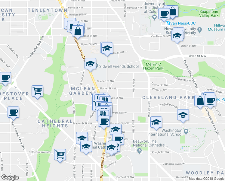 map of restaurants, bars, coffee shops, grocery stores, and more near 3618 Porter Street Northwest in Washington