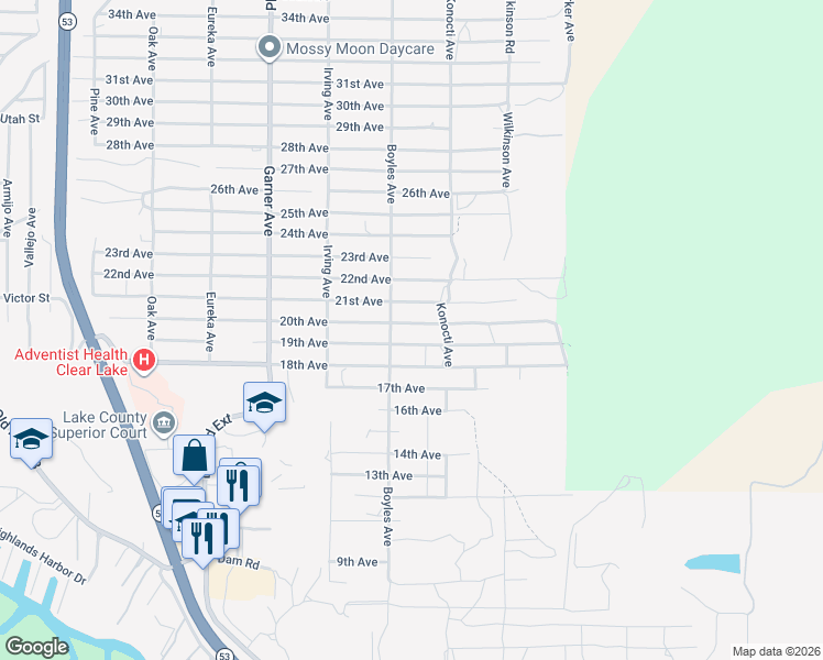 map of restaurants, bars, coffee shops, grocery stores, and more near 16171 20th Avenue in Clearlake