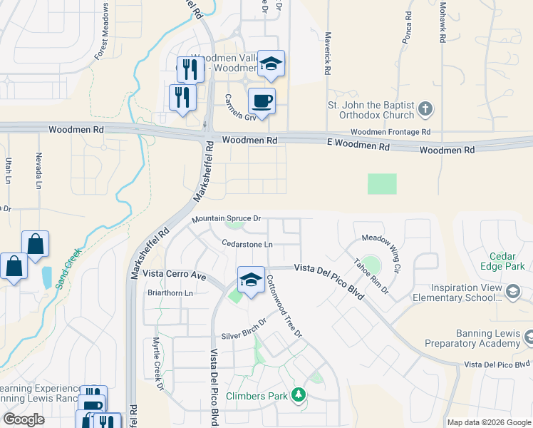 map of restaurants, bars, coffee shops, grocery stores, and more near 7404 Mountain Spruce Drive in Colorado Springs