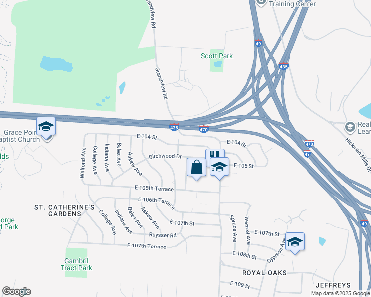 map of restaurants, bars, coffee shops, grocery stores, and more near 3907 East 104th Street in Kansas City