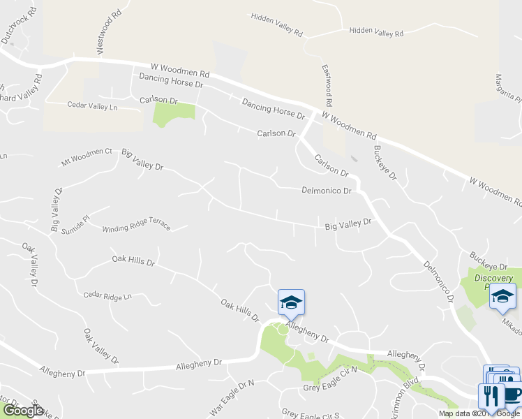 map of restaurants, bars, coffee shops, grocery stores, and more near 1010 Big Valley Drive in Colorado Springs