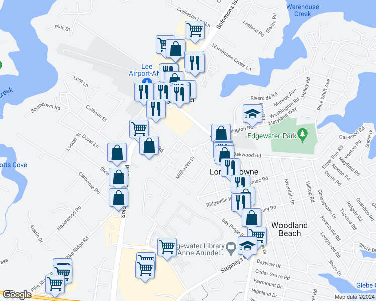 map of restaurants, bars, coffee shops, grocery stores, and more near 85 Two Rivers Drive in Edgewater