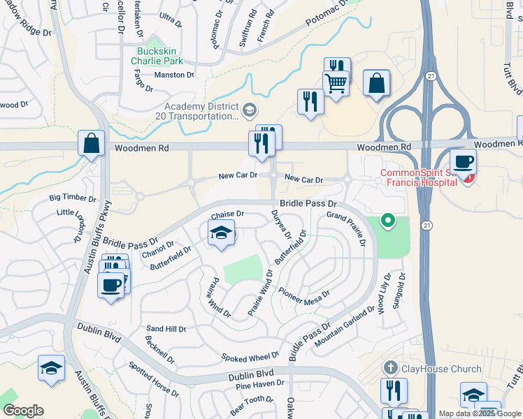 map of restaurants, bars, coffee shops, grocery stores, and more near 5186 Chaise Drive in Colorado Springs