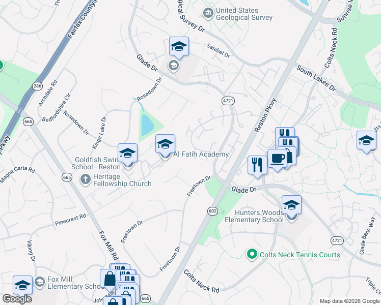 map of restaurants, bars, coffee shops, grocery stores, and more near 2388 Cloudcroft Square in Reston