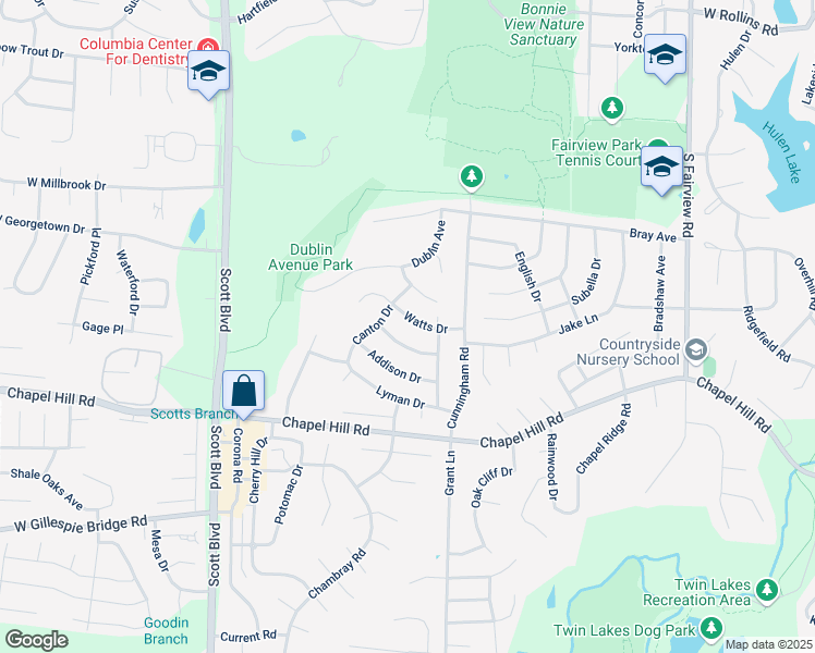 map of restaurants, bars, coffee shops, grocery stores, and more near 3805 Bedford Drive in Columbia