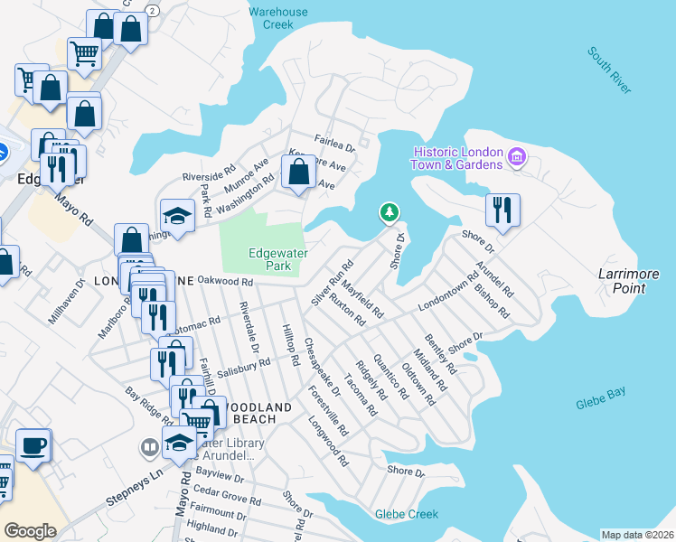 map of restaurants, bars, coffee shops, grocery stores, and more near 1505 Mayfield Road in Edgewater