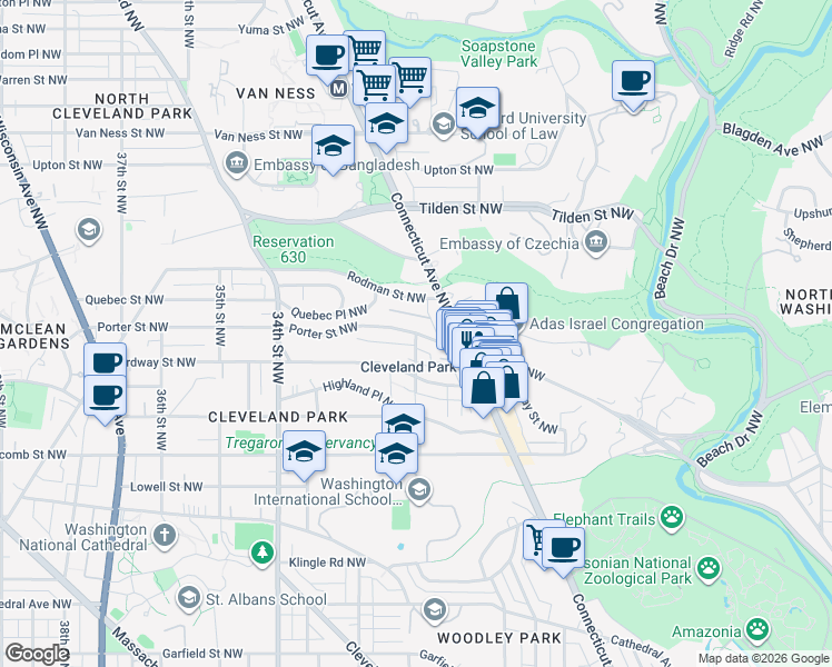 map of restaurants, bars, coffee shops, grocery stores, and more near Porter Street Northwest & 30th Street Northwest in Washington
