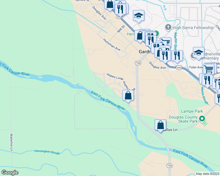 map of restaurants, bars, coffee shops, grocery stores, and more near 1350 Centerville Lane in Gardnerville