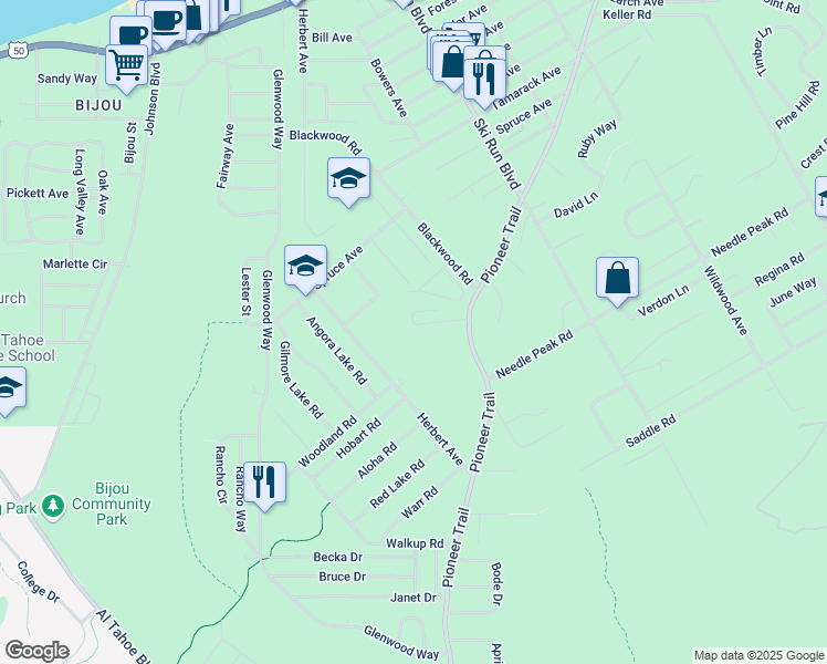 map of restaurants, bars, coffee shops, grocery stores, and more near 3732 Woodbine Road in South Lake Tahoe