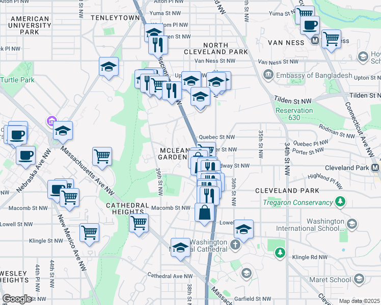 map of restaurants, bars, coffee shops, grocery stores, and more near 3809 Porter Street Northwest in Washington