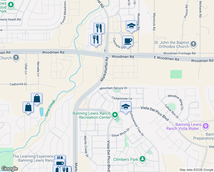map of restaurants, bars, coffee shops, grocery stores, and more near 7284 Mountain Spruce Drive in Colorado Springs
