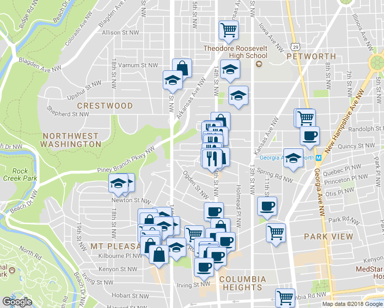 map of restaurants, bars, coffee shops, grocery stores, and more near 1436 Spring Road Northwest in Washington