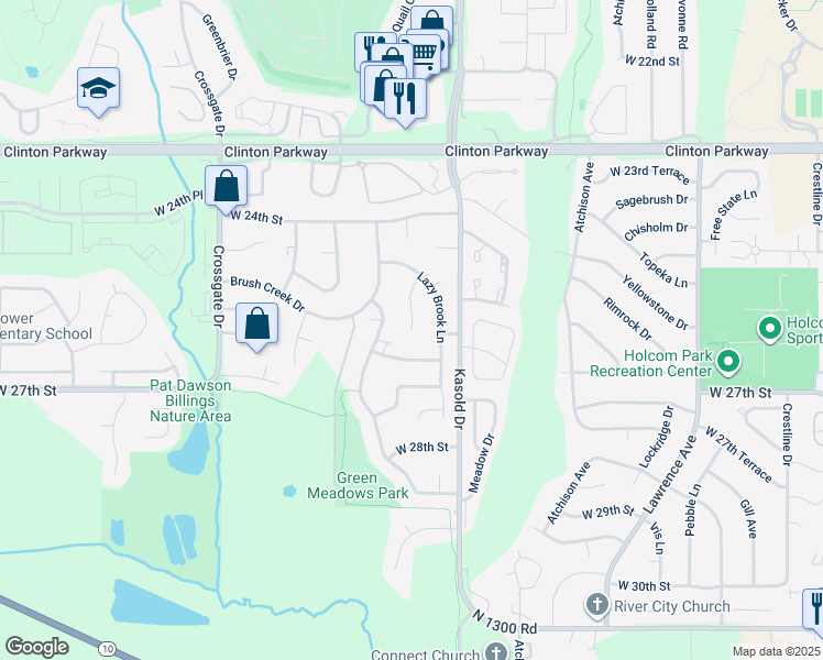 map of restaurants, bars, coffee shops, grocery stores, and more near 2498 Overlook Circle in Lawrence