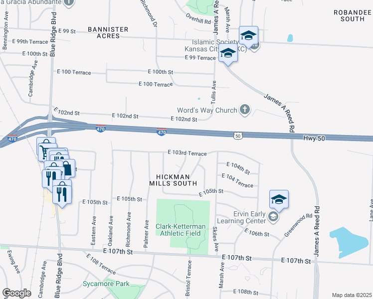 map of restaurants, bars, coffee shops, grocery stores, and more near 7832 East 103rd Terrace in Kansas City