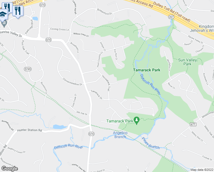 map of restaurants, bars, coffee shops, grocery stores, and more near 1822 Horseback Trail in Vienna