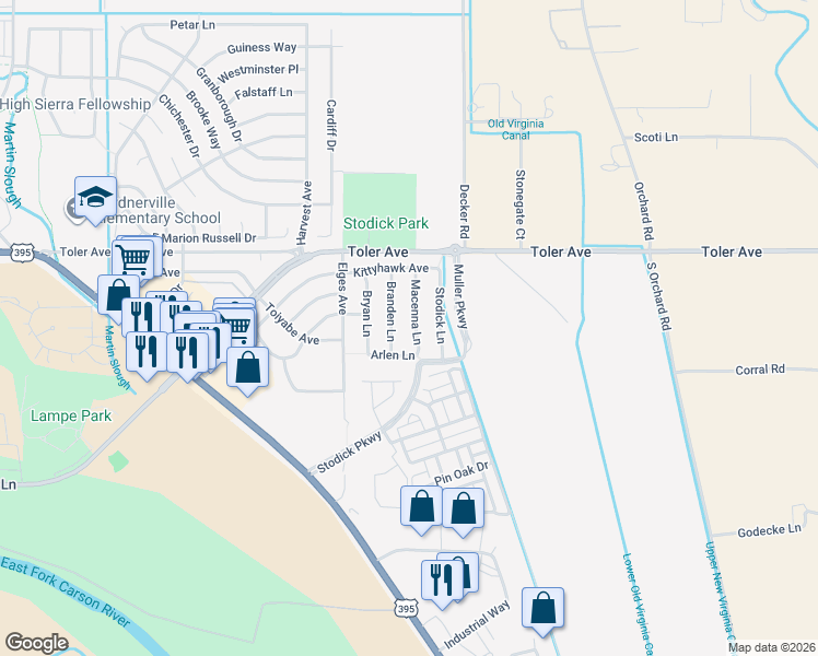 map of restaurants, bars, coffee shops, grocery stores, and more near 1367 Macenna Lane in Gardnerville