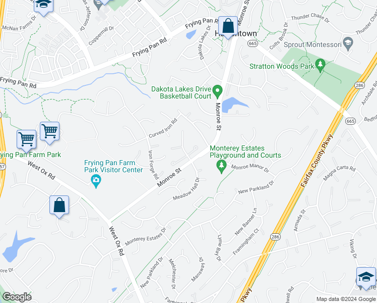 map of restaurants, bars, coffee shops, grocery stores, and more near 2629 Paddock Gate Court in Herndon