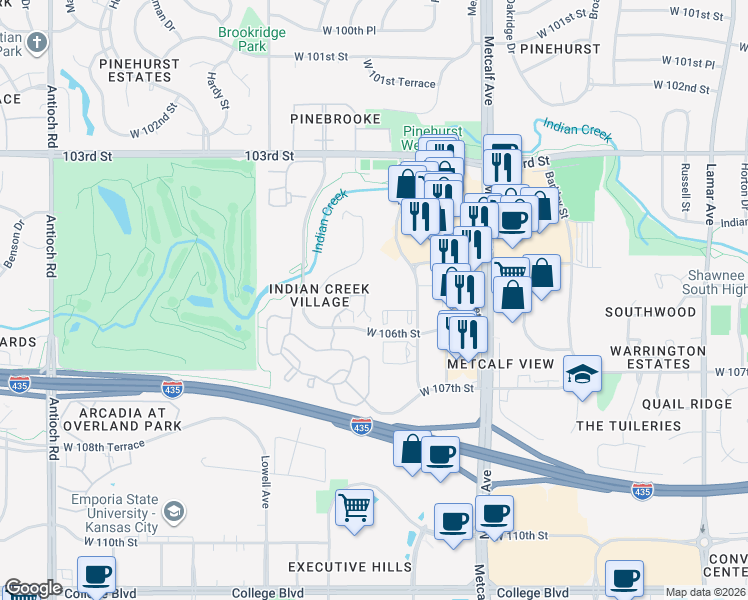 map of restaurants, bars, coffee shops, grocery stores, and more near 10561 Riley Street in Overland Park