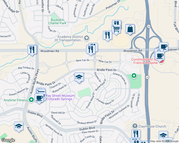 map of restaurants, bars, coffee shops, grocery stores, and more near 5186 Chaise Drive in Colorado Springs