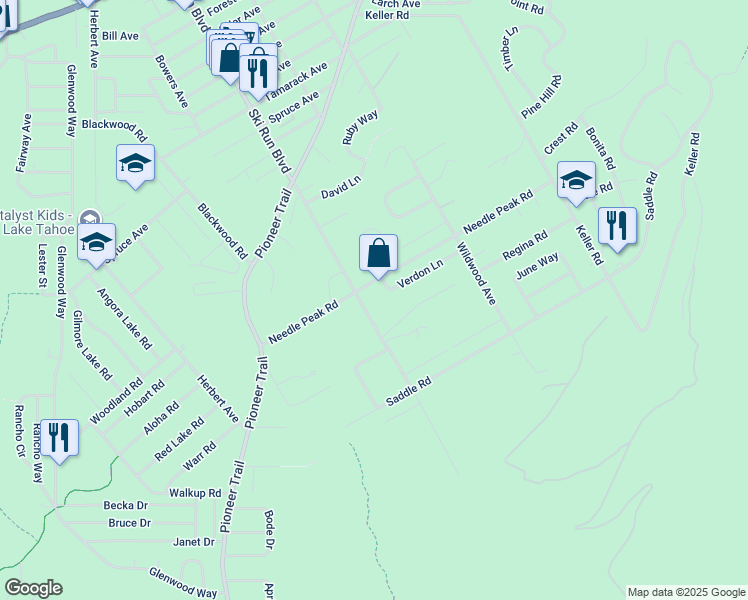 map of restaurants, bars, coffee shops, grocery stores, and more near 1389 Ski Run Boulevard in South Lake Tahoe