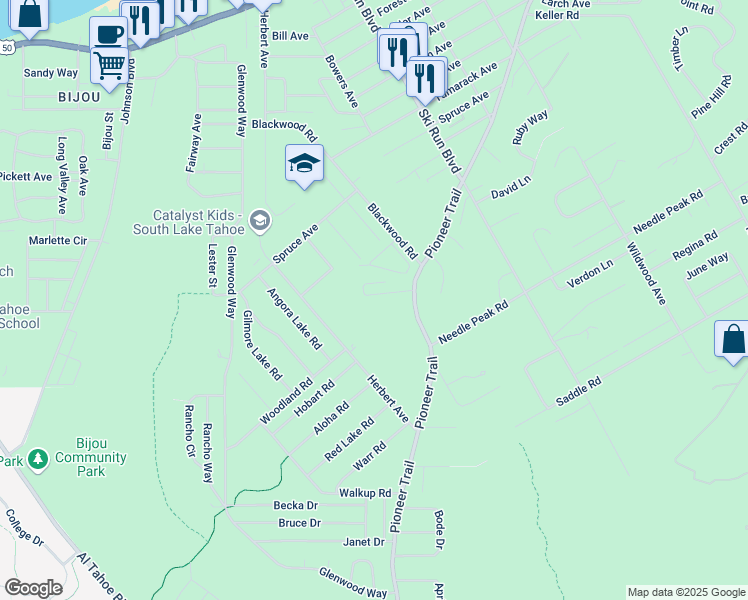 map of restaurants, bars, coffee shops, grocery stores, and more near 3732 Woodbine Road in South Lake Tahoe