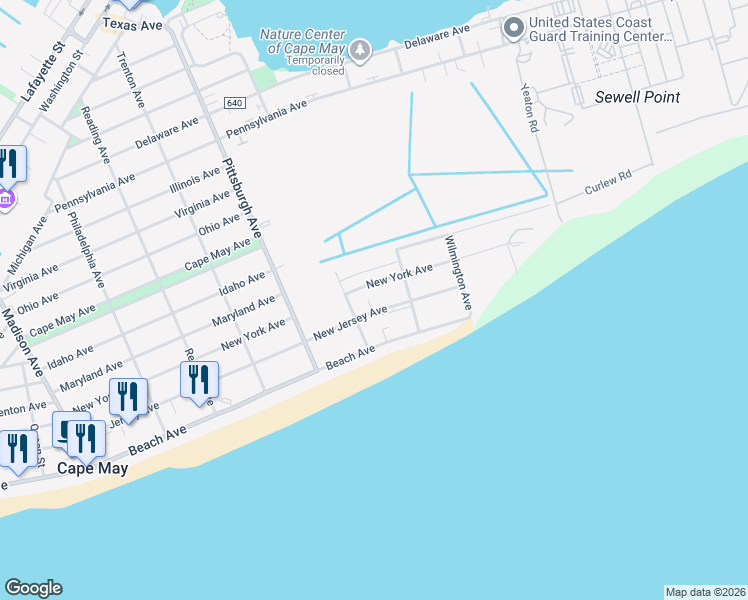 map of restaurants, bars, coffee shops, grocery stores, and more near 1523 New Jersey Avenue in Cape May