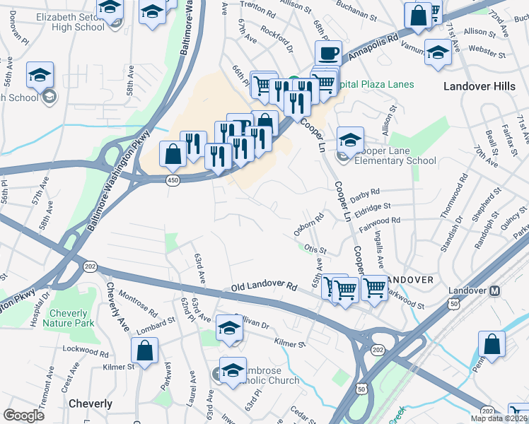map of restaurants, bars, coffee shops, grocery stores, and more near 3552 65th Avenue in Hyattsville
