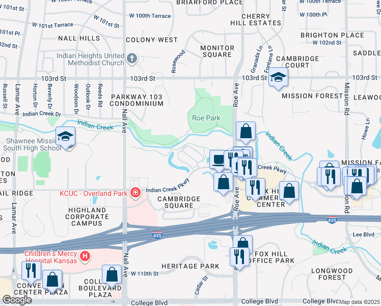 map of restaurants, bars, coffee shops, grocery stores, and more near 5020 Indian Creek Parkway in Overland Park