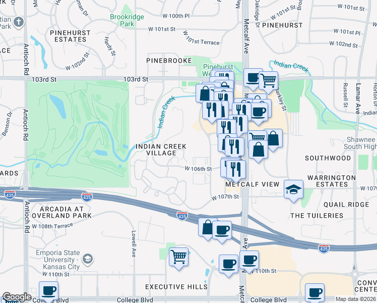 map of restaurants, bars, coffee shops, grocery stores, and more near 10561 Riley Street in Overland Park