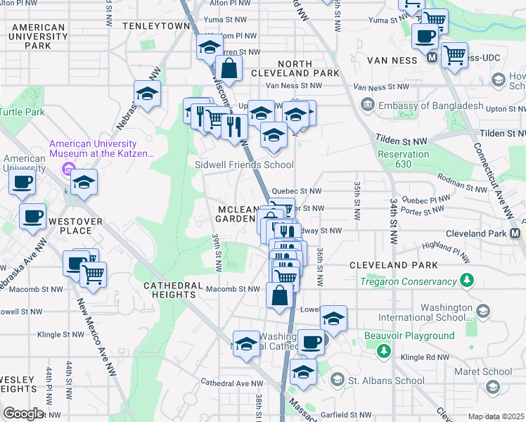 map of restaurants, bars, coffee shops, grocery stores, and more near 3807 Porter Street Northwest in Washington