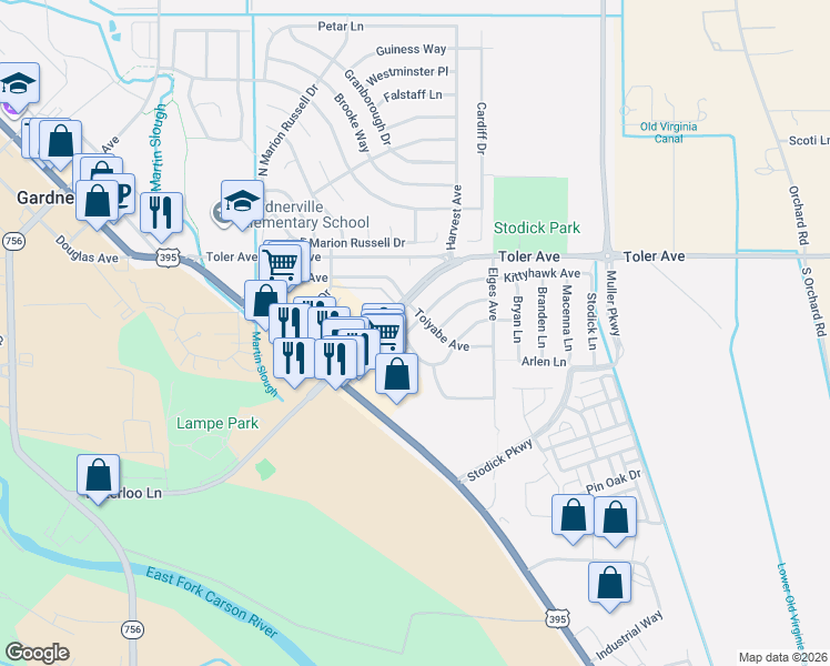 map of restaurants, bars, coffee shops, grocery stores, and more near 1354 El Dorado Drive in Gardnerville