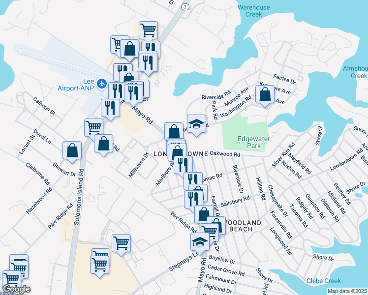 map of restaurants, bars, coffee shops, grocery stores, and more near 74 Mayo Road in Edgewater