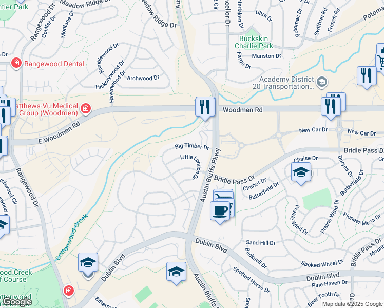map of restaurants, bars, coffee shops, grocery stores, and more near 4819 Little London Drive in Colorado Springs