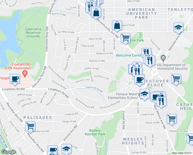 map of restaurants, bars, coffee shops, grocery stores, and more near 4828 Woodway Lane Northwest in Washington