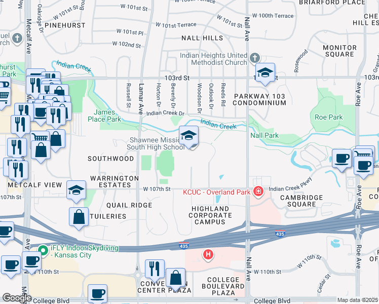 map of restaurants, bars, coffee shops, grocery stores, and more near 5800 West 107th Street in Overland Park