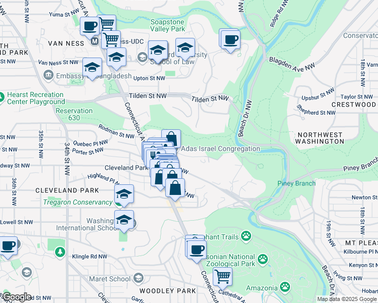 map of restaurants, bars, coffee shops, grocery stores, and more near 2801 Quebec Street Northwest in Washington