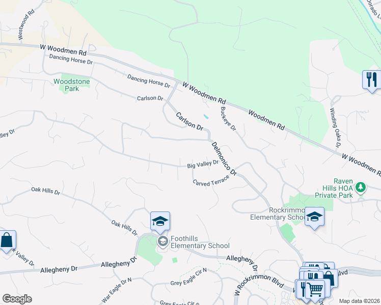 map of restaurants, bars, coffee shops, grocery stores, and more near 761 Carved Terrace in Colorado Springs