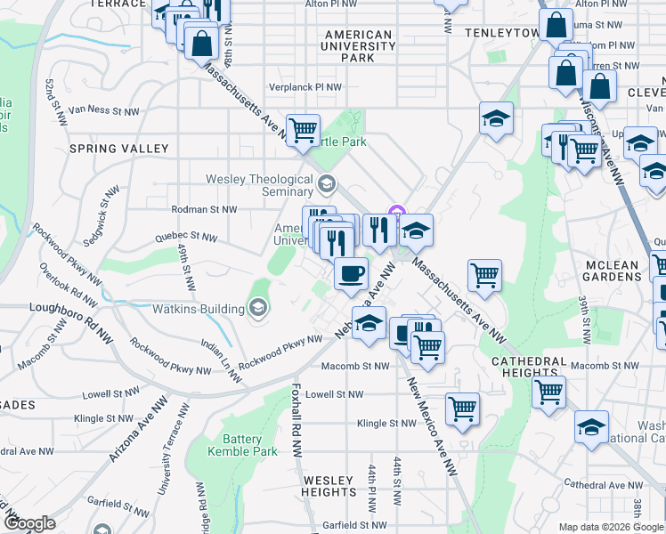 map of restaurants, bars, coffee shops, grocery stores, and more near 4410 Massachusetts Avenue Northwest in Washington