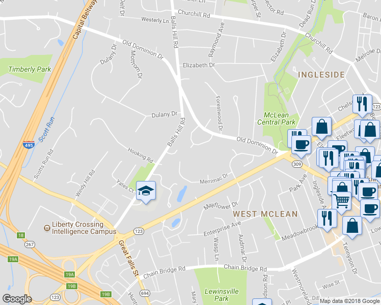 map of restaurants, bars, coffee shops, grocery stores, and more near 1203 Banton Circle in McLean