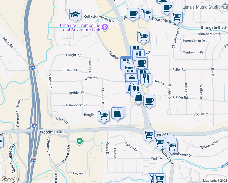 map of restaurants, bars, coffee shops, grocery stores, and more near 1258 Shrider Road in Colorado Springs
