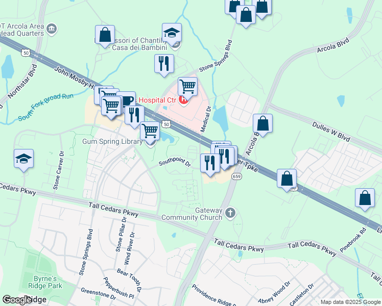 map of restaurants, bars, coffee shops, grocery stores, and more near 24630 Seacliff Terrace in Aldie