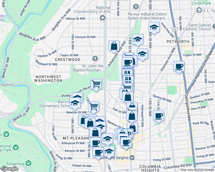 map of restaurants, bars, coffee shops, grocery stores, and more near 3625 16th Street Northwest in Washington