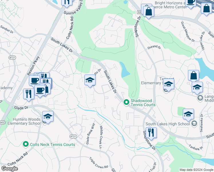 map of restaurants, bars, coffee shops, grocery stores, and more near 2261 Coppersmith Square in Reston